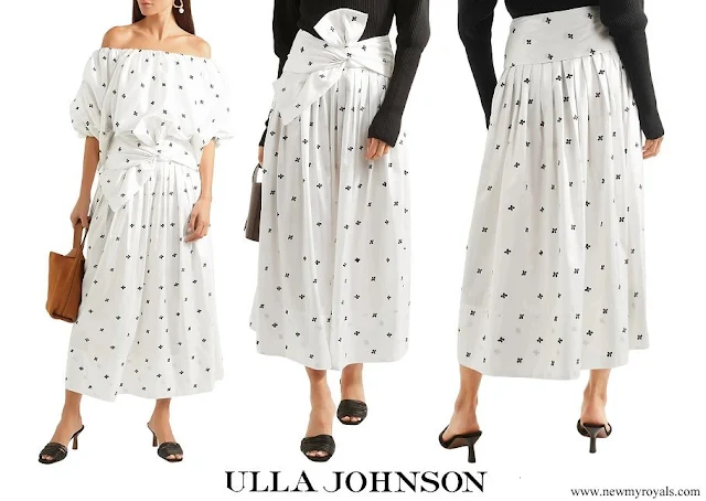 Crown Princess Mette-Marit wore ULLA JOHNSON Aglae bow-detailed embroidered taffeta midi skirt