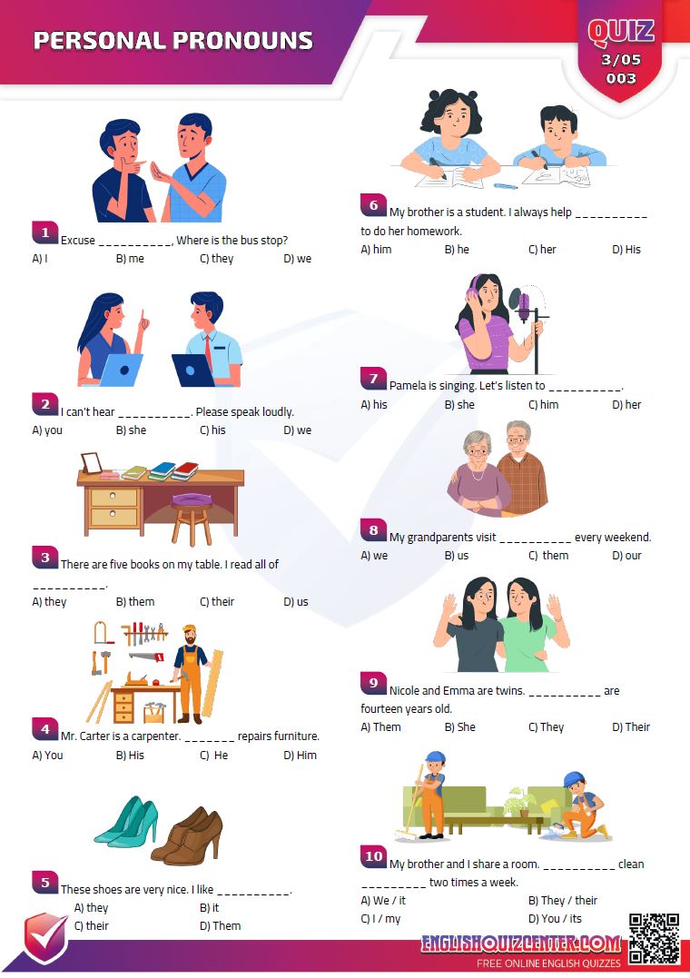 A multiple choice quiz about personal pronoun