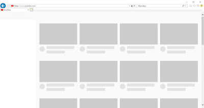 Strona YouTube ostatecznie uruchomiona przy użyciu Internet Explorer. Białe tło z szarymi prostokątami, miejscami gdzie znajdują się filmiki.