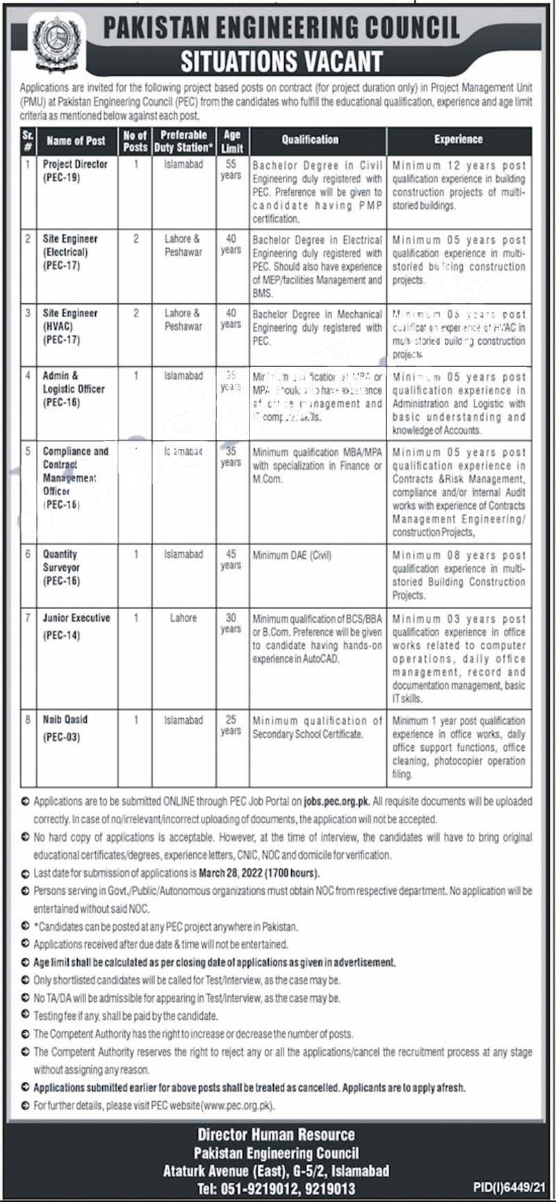 Pakistan Engineering Council PEC jobs 2022 via jobs.pec.org.pk