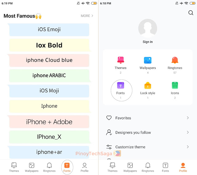 Font styles in Themes app of Xiaomi MIUI software