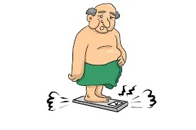 dietary guidelines for obesity. Drawing of a fat man standing on a scale