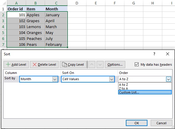 تاريخ الفرز في Excel بناءً على اسم الشهر أو اسم أيام الأسبوع