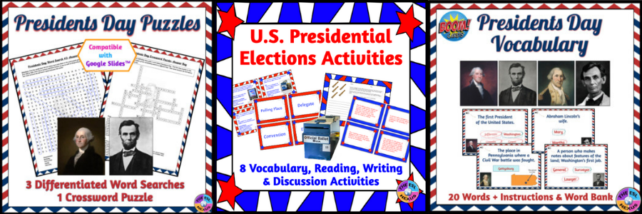 Covers of 2 Presidents Day resources by The ESL Nexus