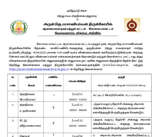 TNHRCE Coimbatore Recruitment 2023 Apply for 20 Junior Assistant Posts