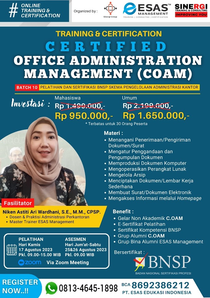 WA.0813-4645-1898 | Certified Office Administration Management (C.OAM), Sertifikasi BNSP RI Pengelolaan Administrasi Kantor 17 Agustus 2023