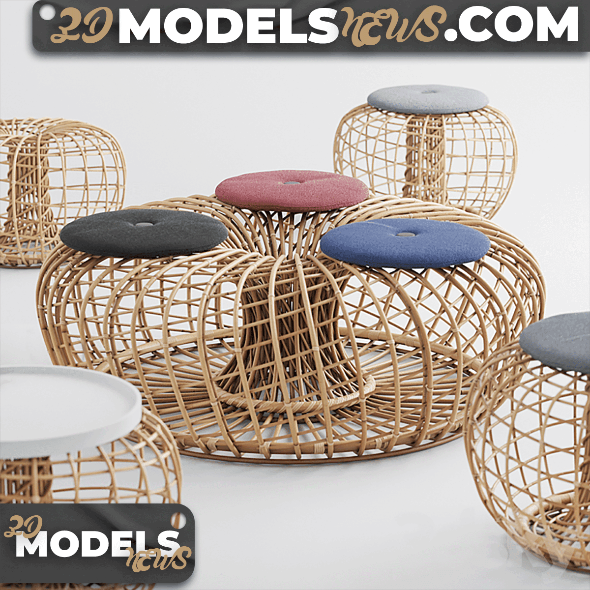 Rattan Nest Model Table and Pouf 1