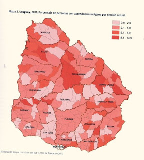 Mapa de distribución de la población indígena del Uruguay por sección departamental