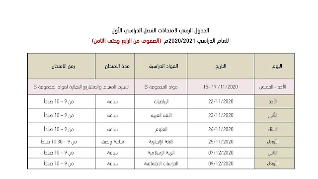 برنامج امتحانات الصف السابع 2021