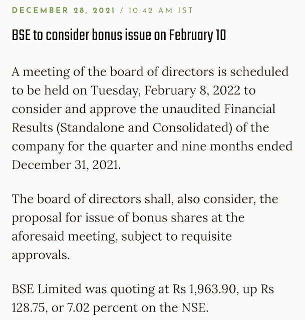 Bse to consider bonus issue on February 10 - Rupeedesk Reports