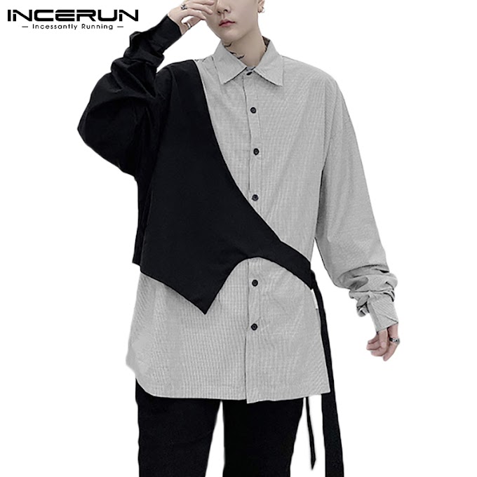 [ 9icrc0l8k_ ] INCERUN Men Fashion Casual Patchwork Striped Long Sleeve Fake Two Pieces Shirt SVnW