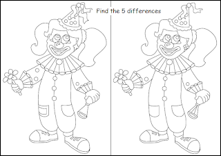 Find the 5 differences between the 2 drawings of the clown