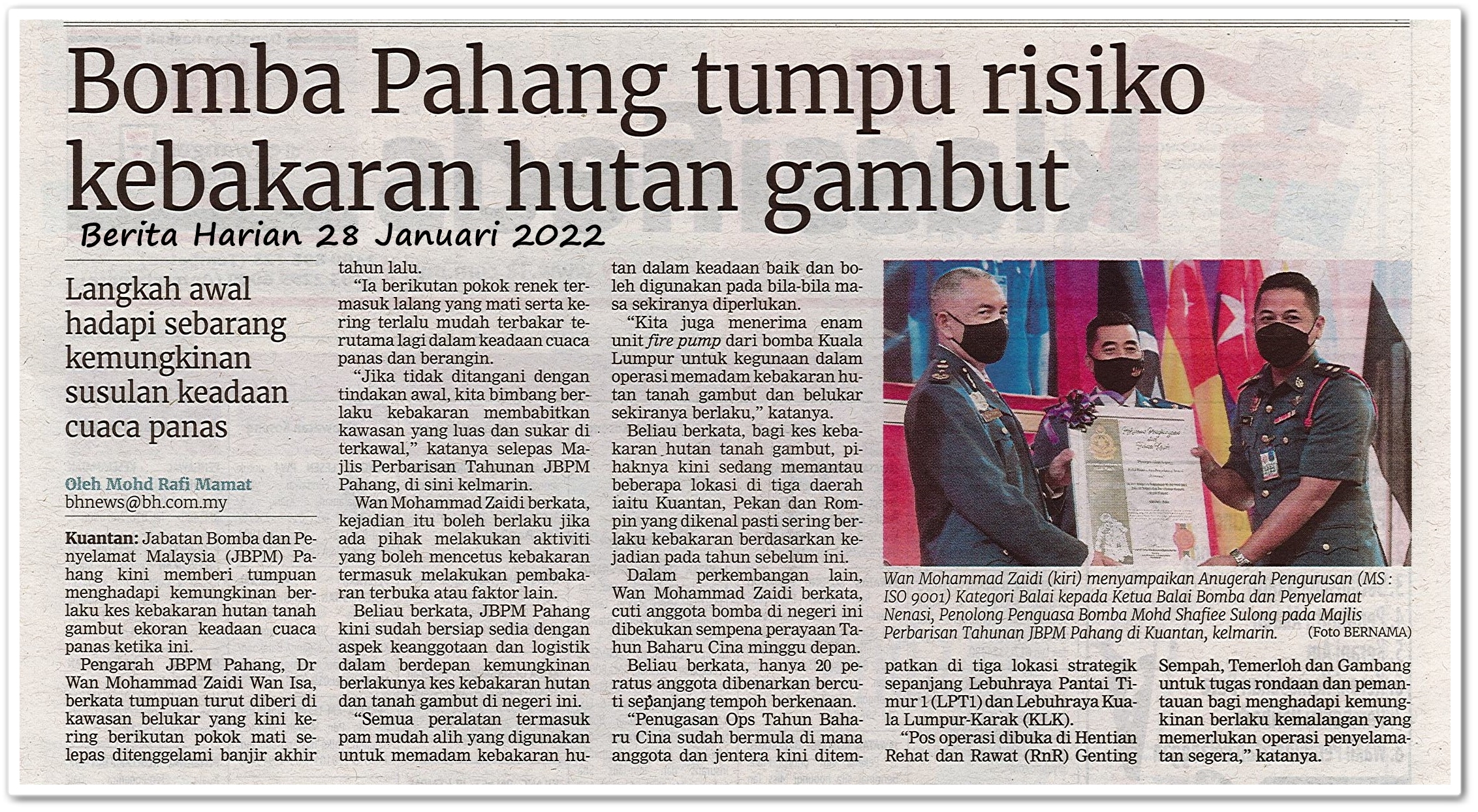 Bomba Pahang tumpu risiko kebakaran hutan gambut - Keratan akhbar Berita Harian 28 Januari 2022