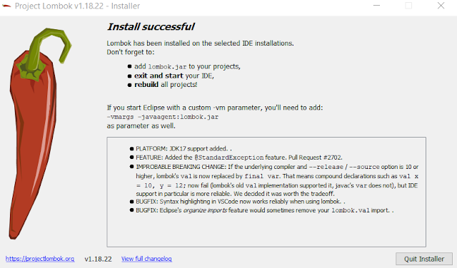 Lombok successfully installation popup