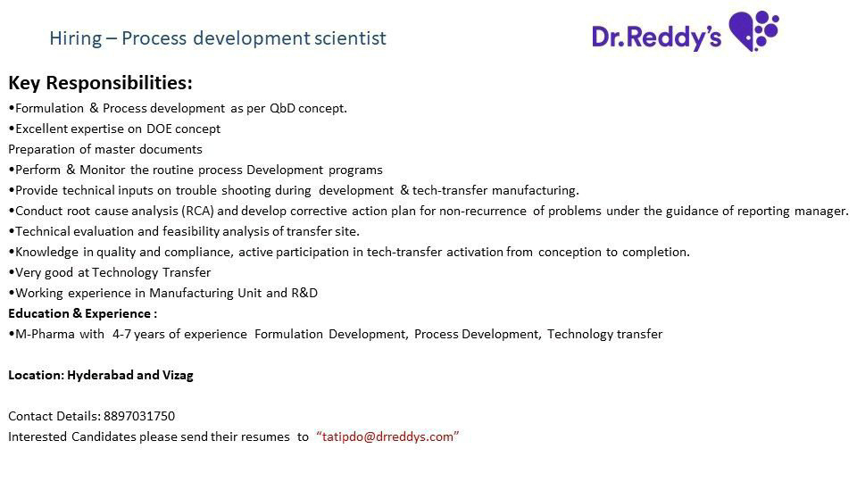 Job Availables,Dr.Reddy's Job Vacancy For M.Pharm