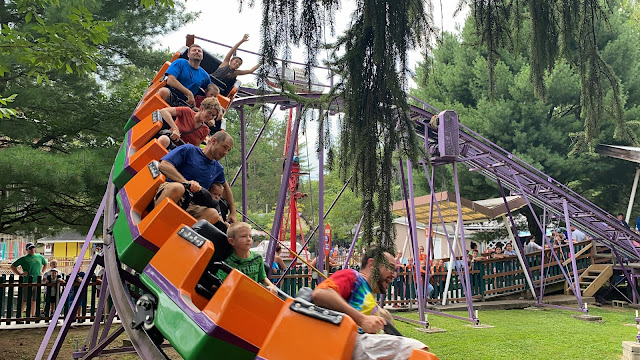 Kozmo's Kurves Roller Coaster Ride First Drop Knoebels Amusement Park