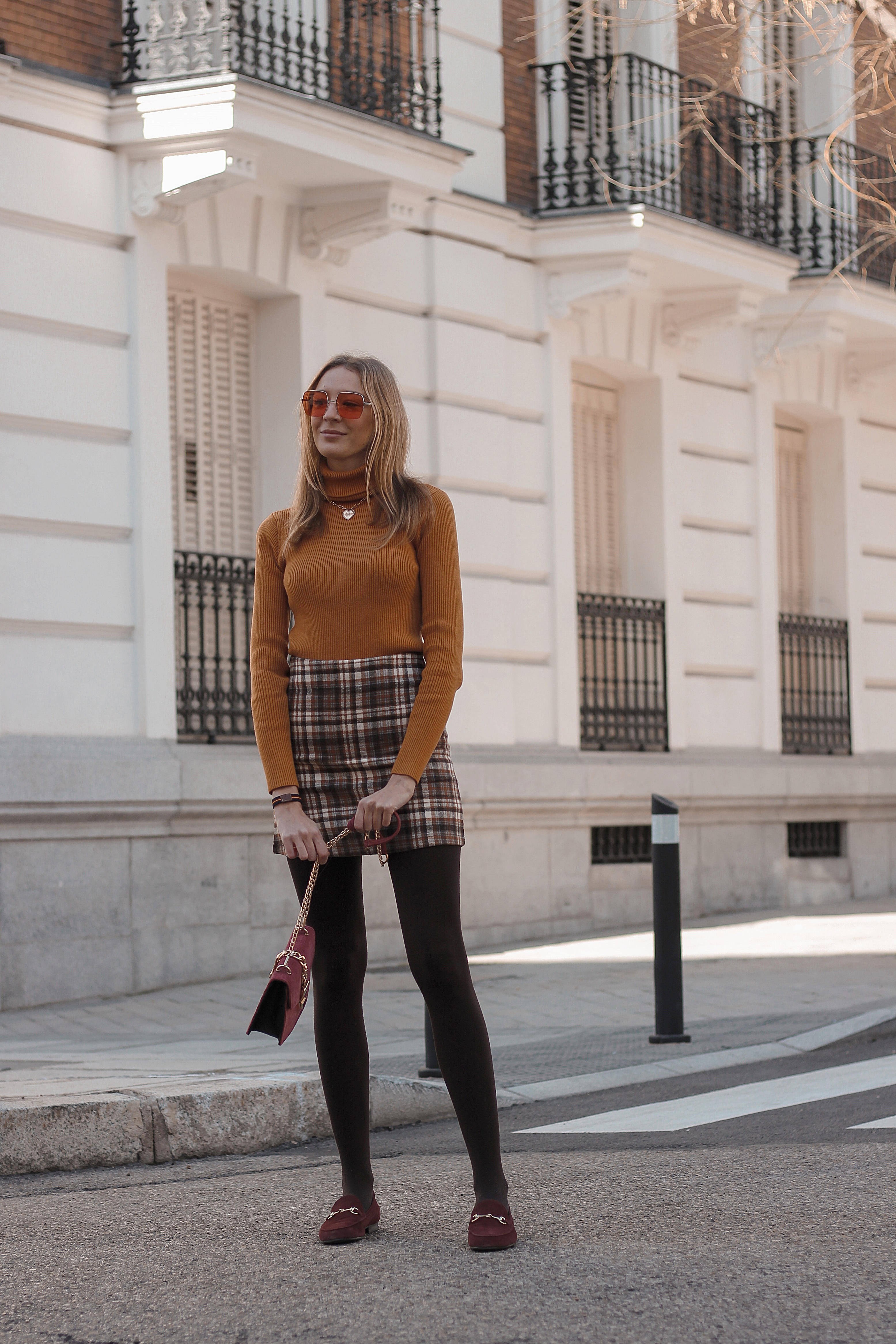 orange-turtle-neck-tartan-skirt-chicwish-burgundy-loaferes-lesac-hawkers-retro-sunglasses-preppyels