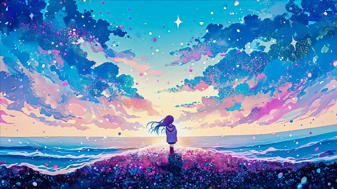 Digital artwork of a dreamy anime-style scene depicting a person gazing at a star-filled sky with cosmic colors over a serene sea, perfect for 4K PC wallpaper.