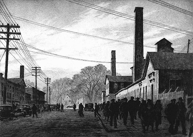 Martin Lewis 1937 art, a shift change at a factory, quitting time