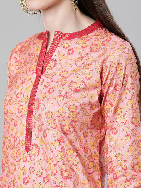 Pink Poly Silk Ethnic Motifs Print Straight Cut Kurti Pant Set
