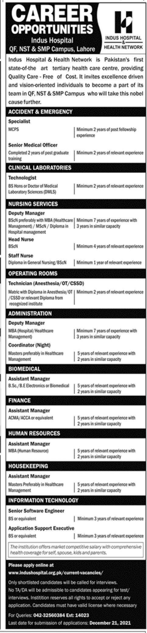 Indus Hospital & Health Network Jobs December 2021