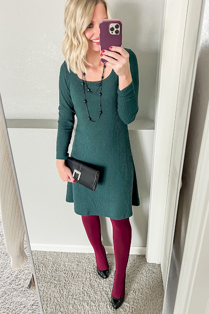 Forest green dress with burgundy tights