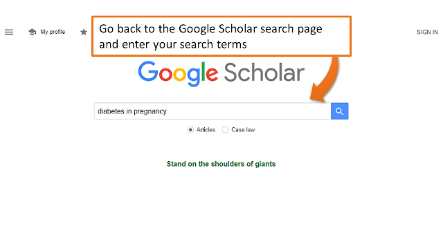 google scholar search page with search terms "diabetes in pregnancy" entered