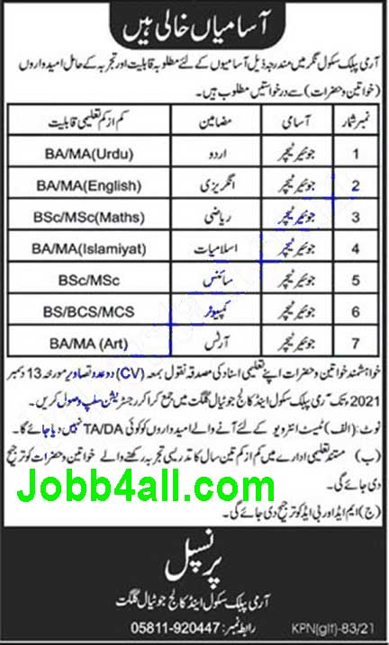 APS Army Public School and College Jutial Gilgit Jobs 2021