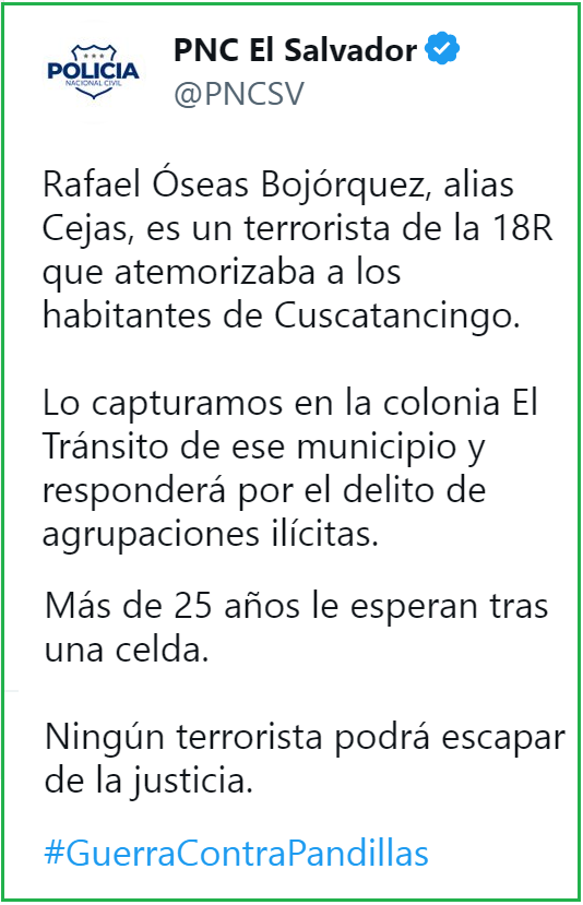 El Salvador: Capturan a alias «Cejas», veterano pandillero fue detenido en Cuscatancingo