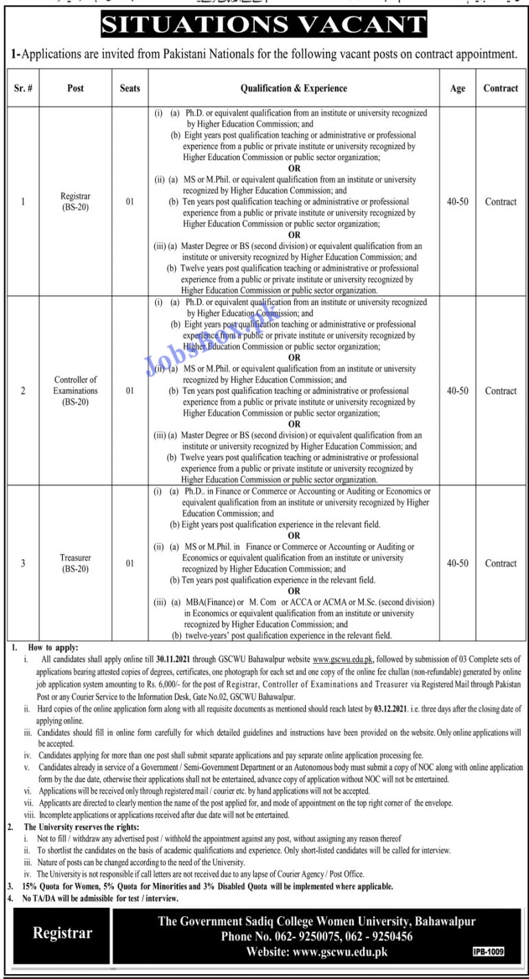 www.gscwu.edu.pk - Government Sadiq College Women University Jobs 2021 in Pakistan