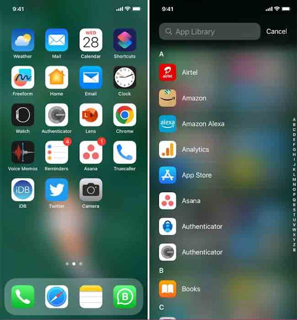 شاشة iPhone الرئيسية ومكتبة التطبيقات تعرضان تطبيقات iOS