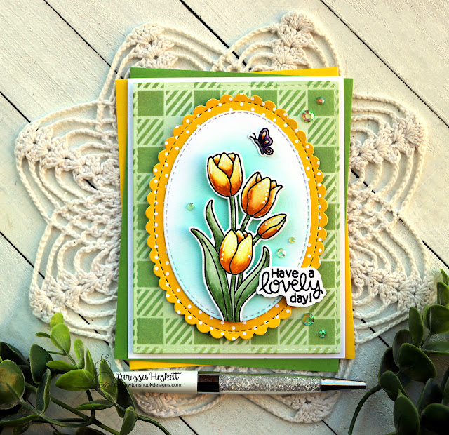 Lovely Day Tulip Card by Larissa Heskett | Tulips Stamp Set, Gingham Stencil and Springtime Paper Pad by Newton's Nook Designs #newtonsnook