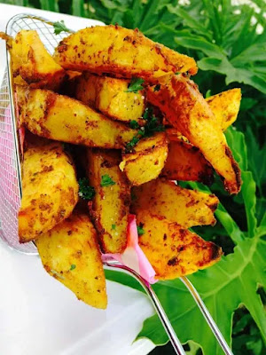 These baked potato wedges are healthier than french fries because they are baked in olive oil and not fried.