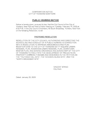 City of Yonkers: Public Hearing Notice: Getty Square Urban Plan on February 14, 2023.