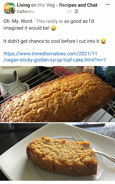 reader's photo of golden syrup cake with a lovely comment saying how much she enjoyed it