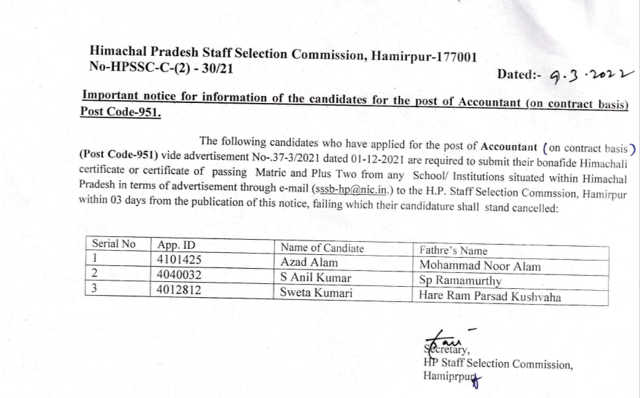 Important Notice For The Post of Accountant Post Code -951:- HPSSC Hamirpur