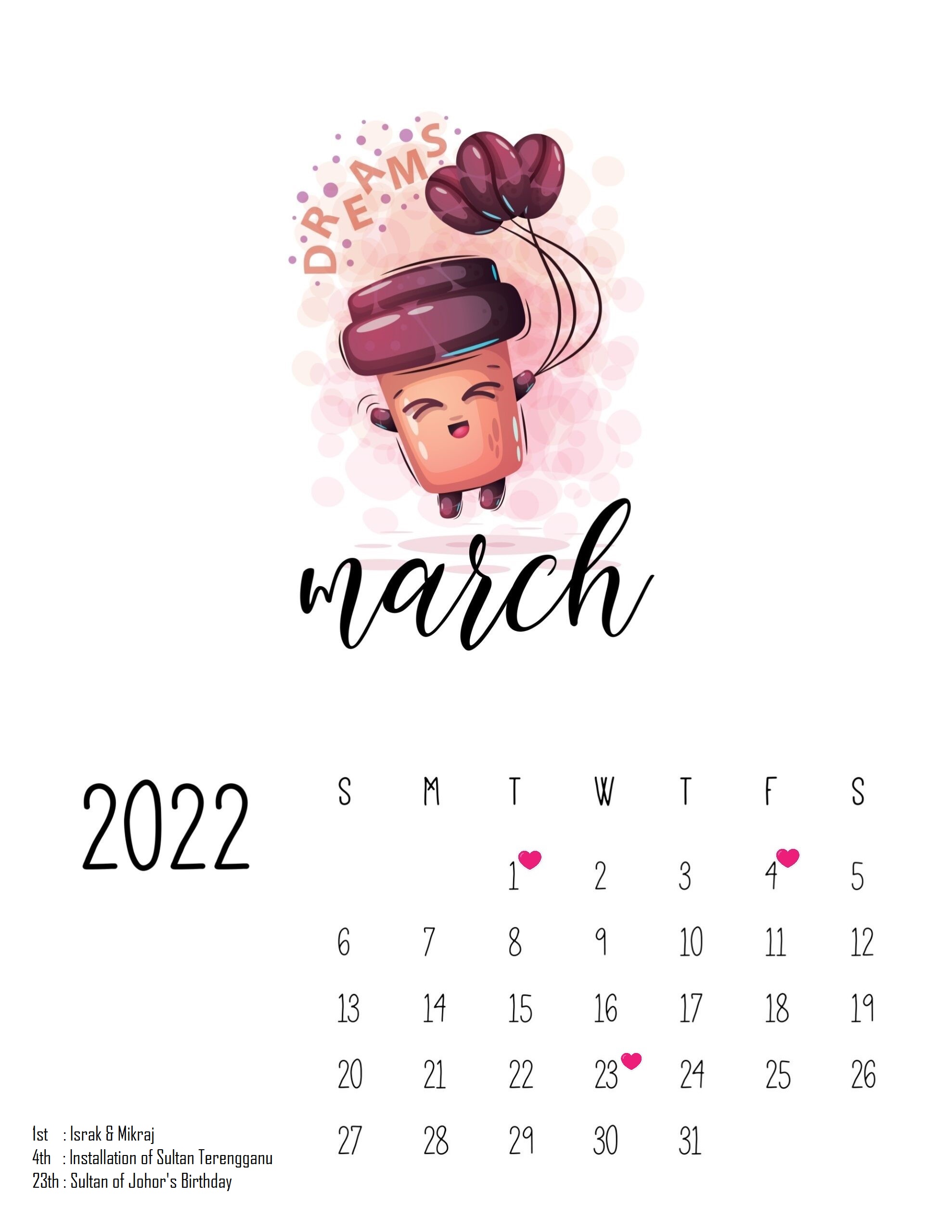 Kalendar Malaysia 2022 : Cute Coffee