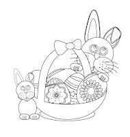 Ester bunnies and basket with eggs coloring page