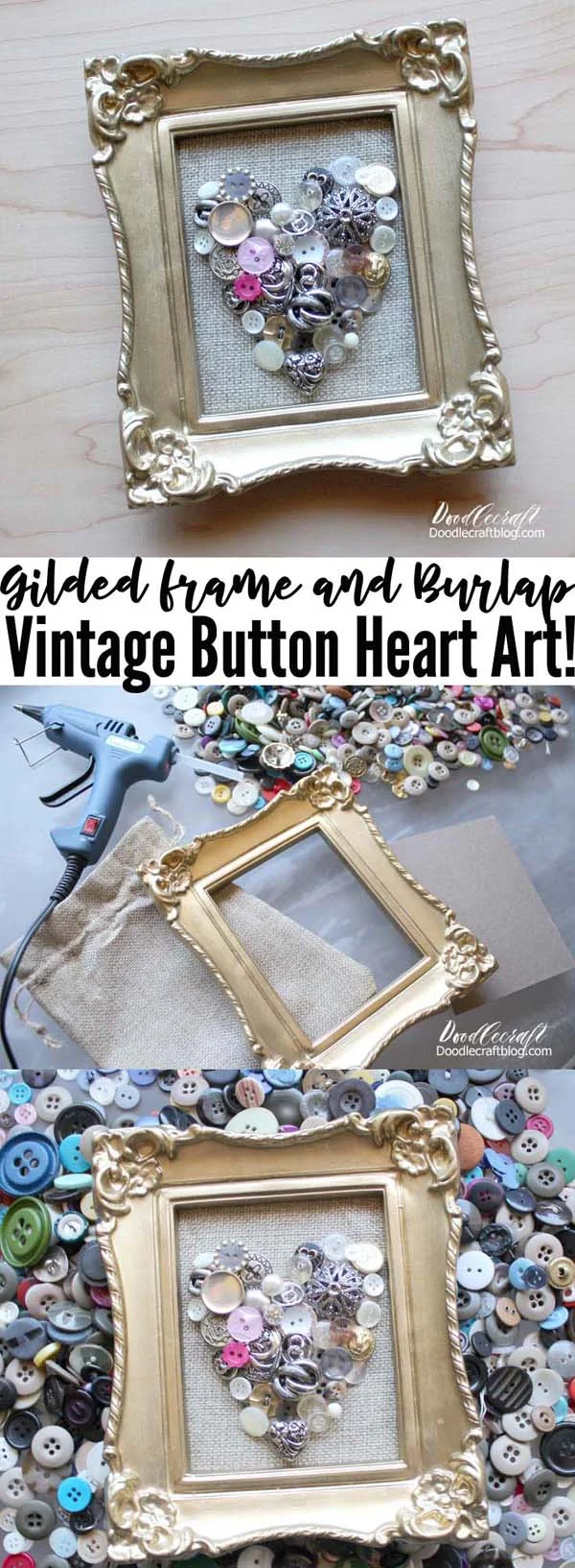 How to Make a Vintage Button Heart Frame! Learn how to make a vintage button heart in an ornate frame. Pull out those old vintage buttons in the cookie tin and turn them into a beautiful piece of decor for the home. Gather a few supplies from around the house or take a trip to the dollar store to get the necessary items for this craft.  It's a great handmade gift, perfect decor for Valentines day or year round, and can be done as a kids craft project too!