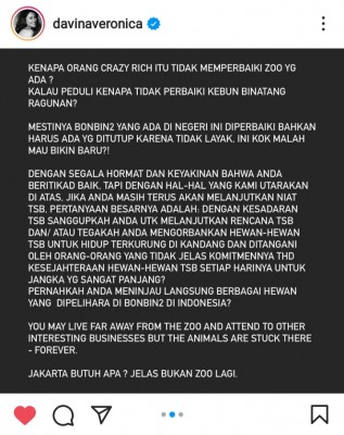 Duh! Sindir Pembangunan Rans Carnival City Zoo, Davina Malah Dapet Komentar Pedas Netizen
