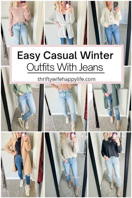 9 winter outfit ideas wearing jeans on warmer winter days.