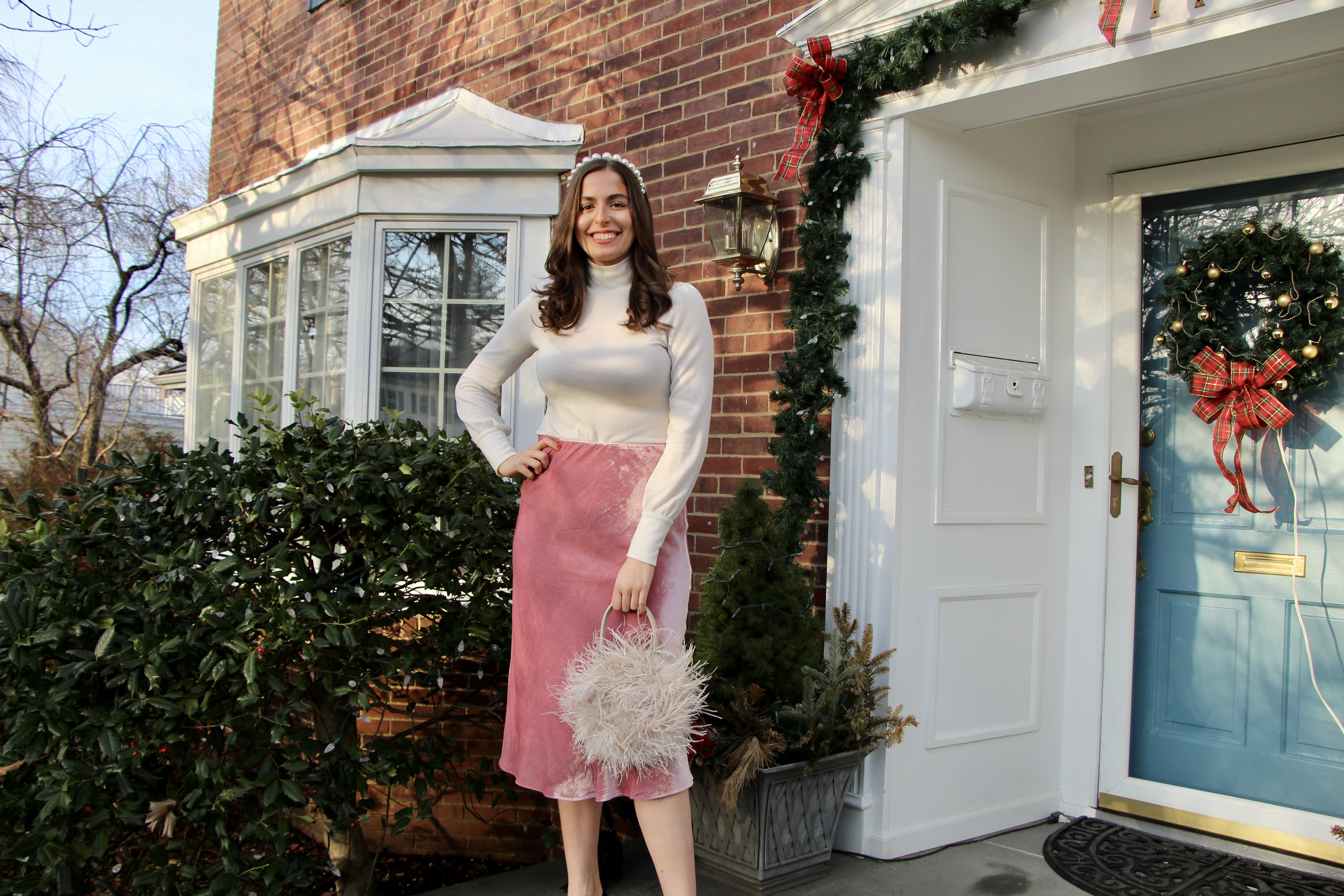 opera, what to wear to the opera, winter outfit, midi skirt, velvet skirt, turtleneck, feather bag, sarah flint heels, pearl headband