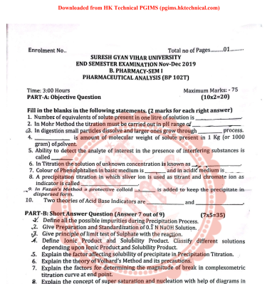 BP102T Pharmaceutical Analysis I SGV University 1st Semester B.Pharmacy Previous Year's Question Paper,BP102T Pharmaceutical Analysis I,BPharmacy,Previous Year's Question Papers,BPharm 1st Semester,