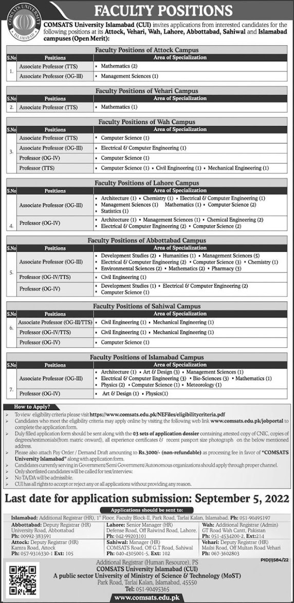 COMSATS University Islamabad Jobs August 2022