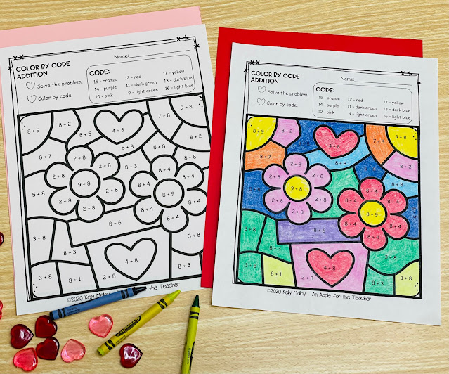 Valentine's Day Color By Number Addition Flowers