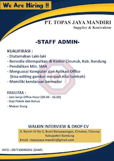Lowongan Kerja Staff Admin PT Topas Jaya Mandiri