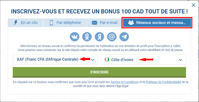 реєстрація 1xBet Кот-д'Івуар через соціальні мережі та миттєві повідомлення