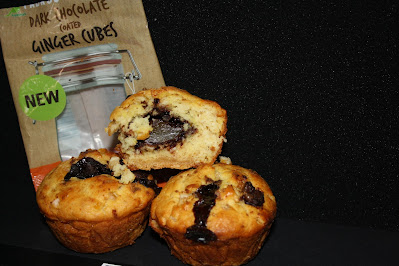 Citrus peel muffins with Ginger cookie and Chocolate covered ginger chunks