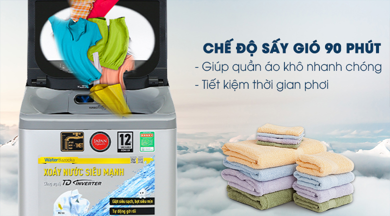 Làm khô quần áo nhanh chóng nhờ chế độ sấy gió 90 phút Làm khô quần áo nhanh chóng nhờ chế độ sấy gió 90 phút