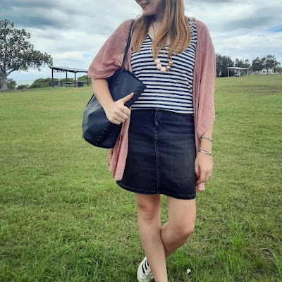 awayfromtheblue Instagram | Rebecca Minkoff medium unlined tote with navy stripe tee denim skirt blush kimono